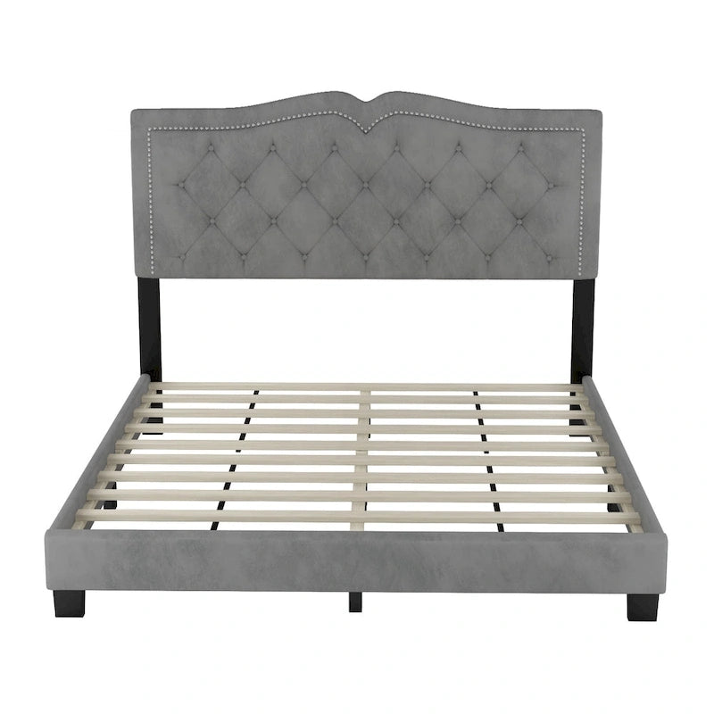 Queen Size Upholstered Bed Frame with Rivet Design, Modern Velvet Platform Bed with Tufted Headboard, Gray