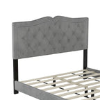 Queen Size Upholstered Bed Frame with Rivet Design, Modern Velvet Platform Bed with Tufted Headboard, Gray
