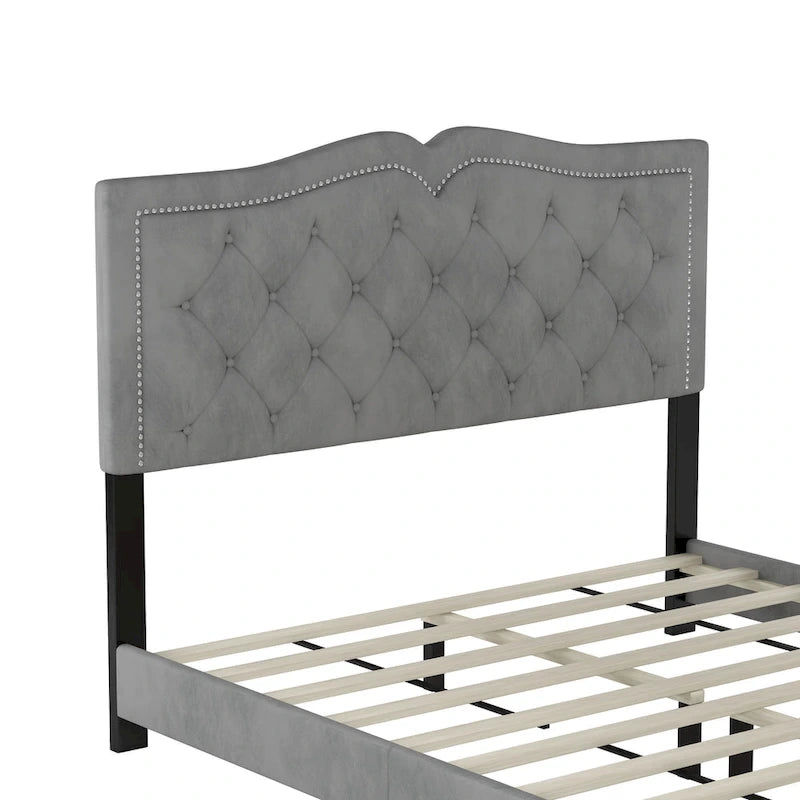 Queen Size Upholstered Bed Frame with Rivet Design, Modern Velvet Platform Bed with Tufted Headboard, Gray