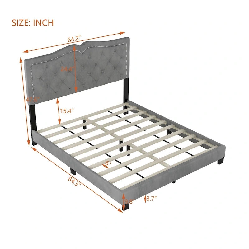 Queen Size Upholstered Bed Frame with Rivet Design, Modern Velvet Platform Bed with Tufted Headboard, Gray
