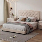 Queen Size Upholstered Bed Frame with Rivet Design, Modern Velvet Platform Bed with Tufted Headboard, Gray