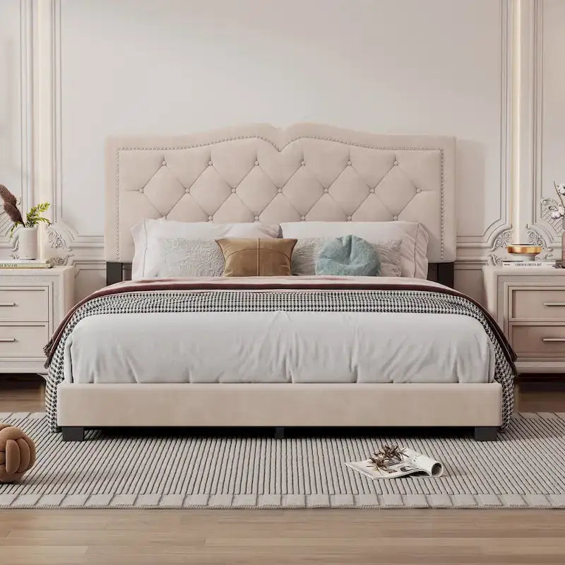 Queen Size Upholstered Bed Frame with Rivet Design, Modern Velvet Platform Bed with Tufted Headboard, Gray