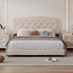Queen Size Upholstered Bed Frame with Rivet Design, Modern Velvet Platform Bed with Tufted Headboard, Gray