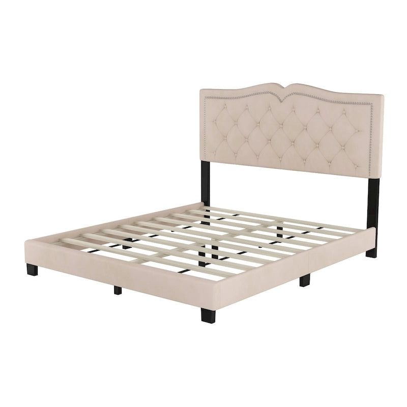 Queen Size Upholstered Bed Frame with Rivet Design, Modern Velvet Platform Bed with Tufted Headboard, Gray