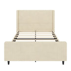 Corduroy Upholstered Bed Wingback Frame with Vertical Stripe Headboard, Footboard, Low-Profile Platform Bed, Sleigh Panel Bed