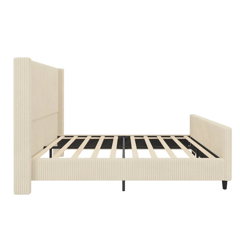 Corduroy Upholstered Bed Wingback Frame with Vertical Stripe Headboard, Footboard, Low-Profile Platform Bed, Sleigh Panel Bed