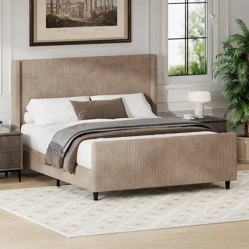 Corduroy Upholstered Bed Wingback Frame with Vertical Stripe Headboard, Footboard, Low-Profile Platform Bed, Sleigh Panel Bed