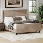 Corduroy Upholstered Bed Wingback Frame with Vertical Stripe Headboard, Footboard, Low-Profile Platform Bed, Sleigh Panel Bed
