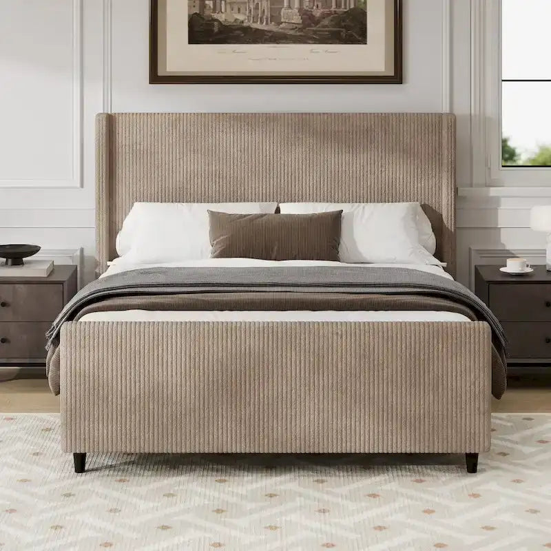 Corduroy Upholstered Bed Wingback Frame with Vertical Stripe Headboard, Footboard, Low-Profile Platform Bed, Sleigh Panel Bed