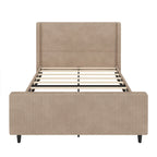 Corduroy Upholstered Bed Wingback Frame with Vertical Stripe Headboard, Footboard, Low-Profile Platform Bed, Sleigh Panel Bed
