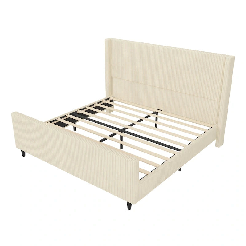 Corduroy Upholstered Bed Wingback Frame with Vertical Stripe Headboard, Footboard, Low-Profile Platform Bed, Sleigh Panel Bed