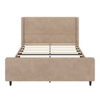 Corduroy Upholstered Bed Wingback Frame with Vertical Stripe Headboard, Footboard, Low-Profile Platform Bed, Sleigh Panel Bed