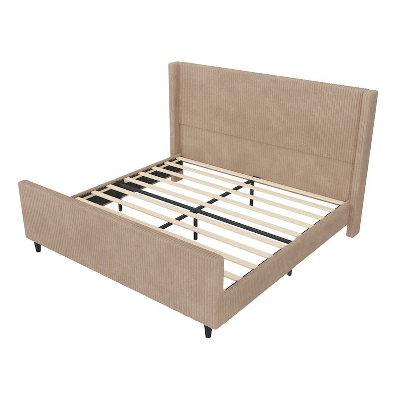 Corduroy Upholstered Bed Wingback Frame with Vertical Stripe Headboard, Footboard, Low-Profile Platform Bed, Sleigh Panel Bed