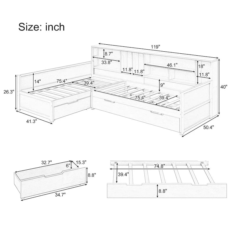 L Shaped Corner Daybed for 3 Wooden Twin Size Captains Bed with Bookcases, Under-bed Trundle Bed and Storage Drawers