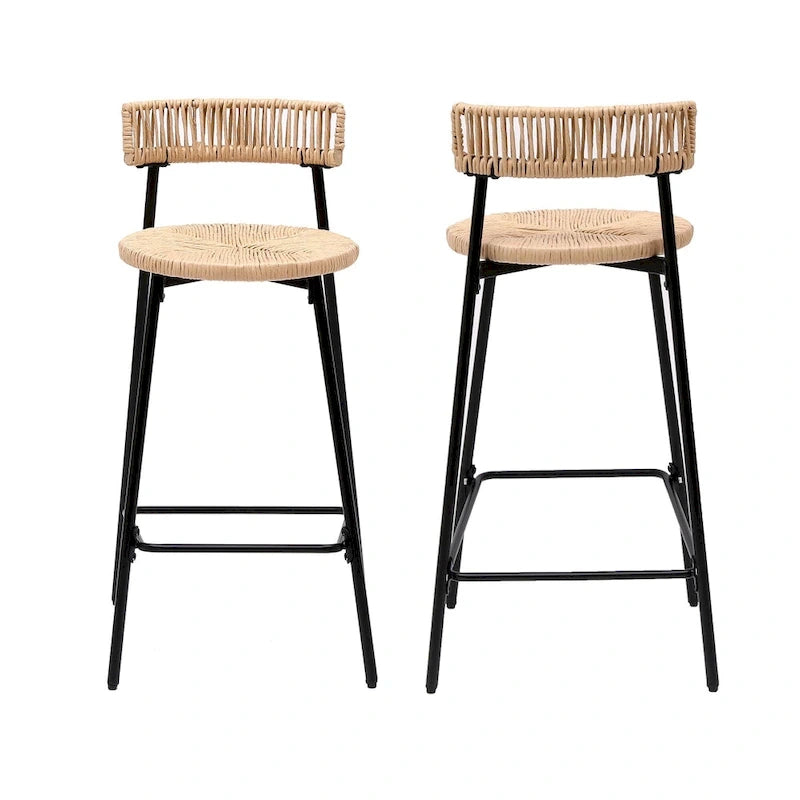 Hand Woven Bar Stools with Back Set of 2 Paper Rope Round Barstools with Footrest for Kitchen Island & Dining Rooms