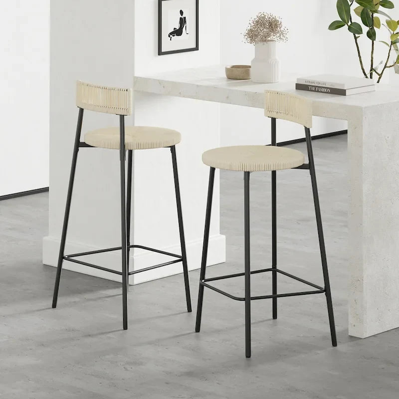 Hand Woven Bar Stools with Back Set of 2 Paper Rope Round Barstools with Footrest for Kitchen Island & Dining Rooms