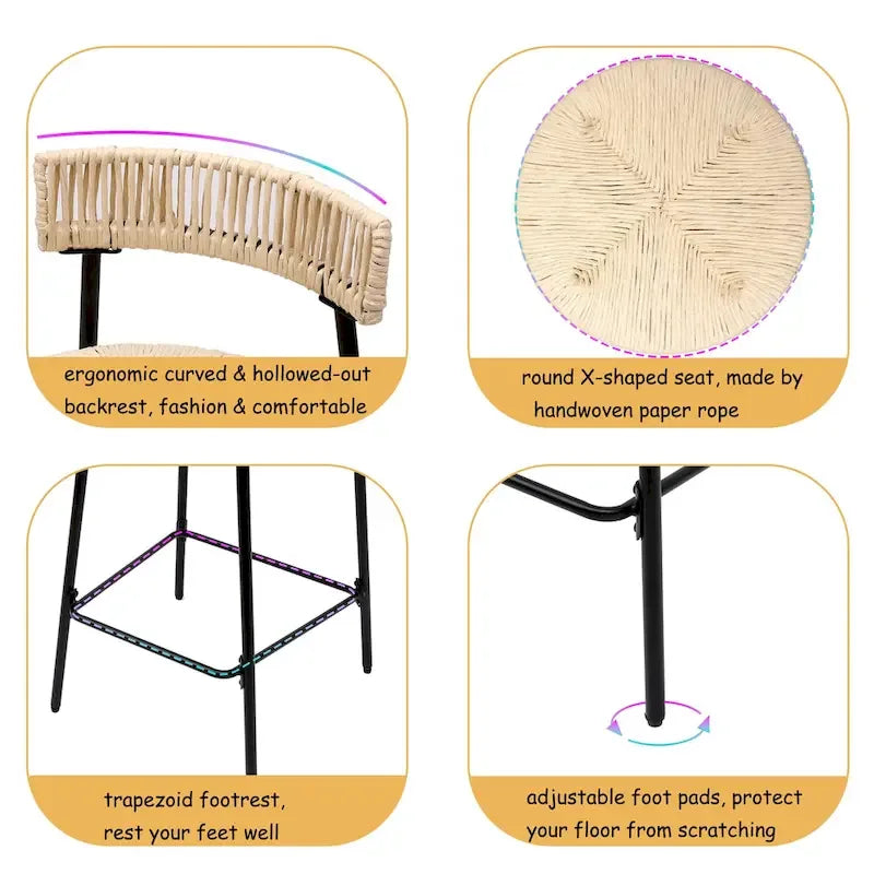 Hand Woven Bar Stools with Back Set of 2 Paper Rope Round Barstools with Footrest for Kitchen Island & Dining Rooms