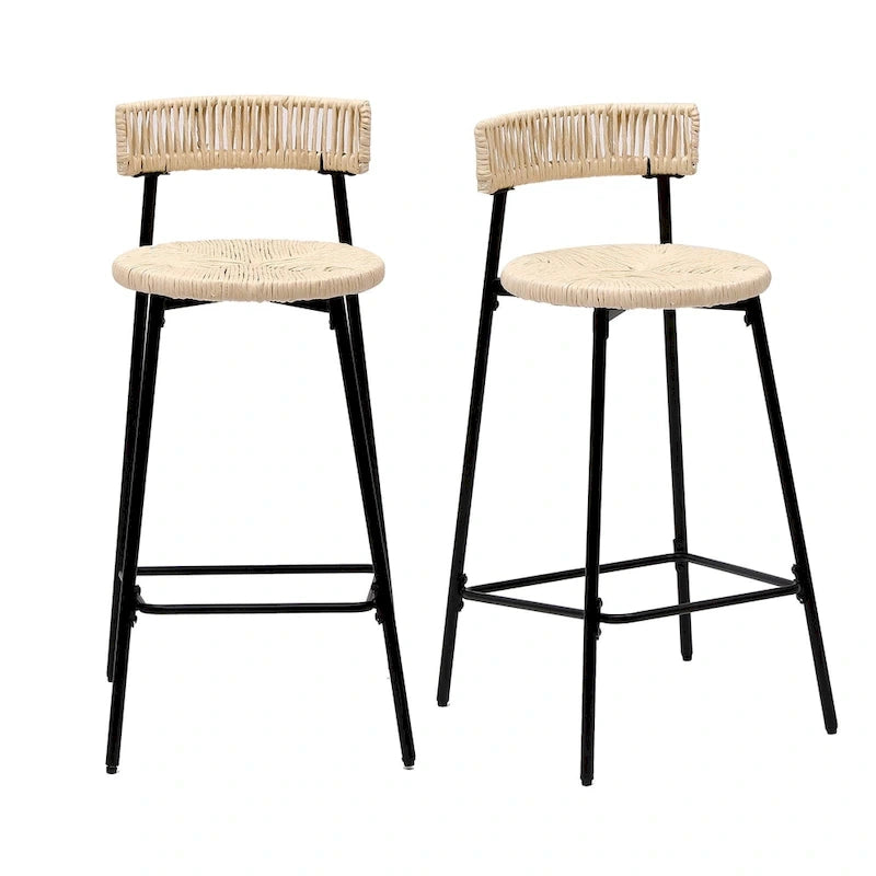 Hand Woven Bar Stools with Back Set of 2 Paper Rope Round Barstools with Footrest for Kitchen Island & Dining Rooms