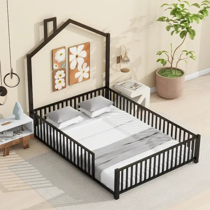Full Size Metal Platform Bed with Safety Guardrails And Chimney Design