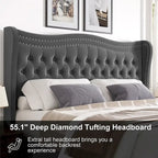 King Size Modern Style Velvet Platform Bed with Upholstered Headboard for Bedroom