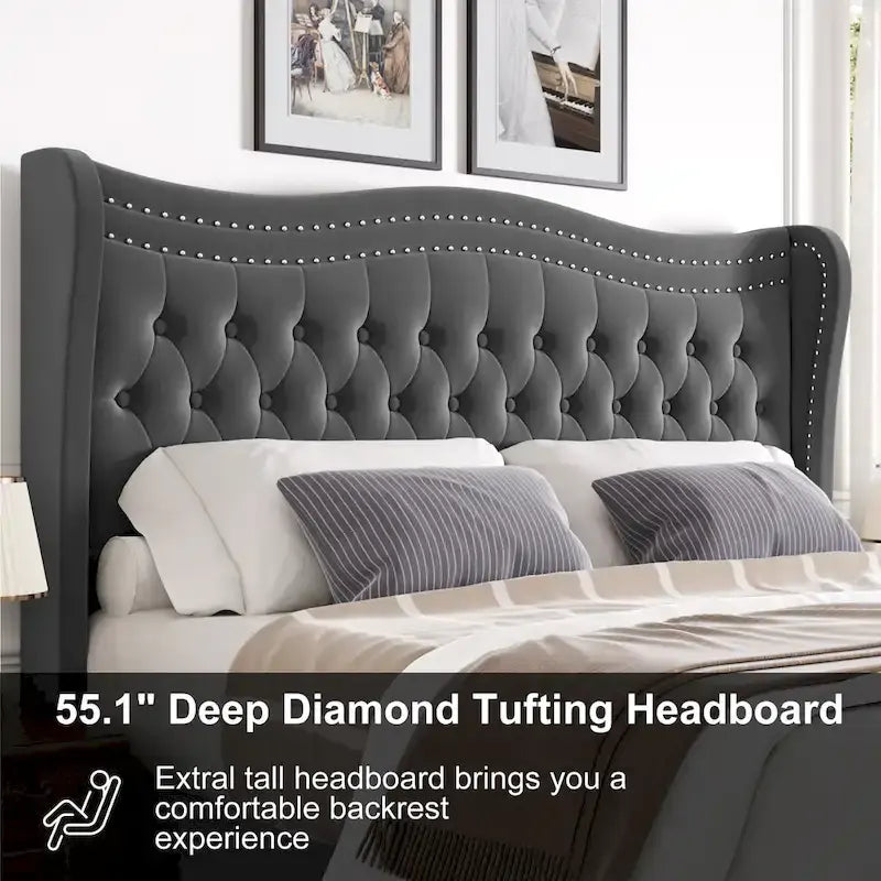 King Size Modern Style Velvet Platform Bed with Upholstered Headboard for Bedroom
