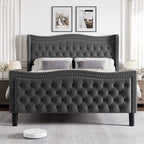 King Size Modern Style Velvet Platform Bed with Upholstered Headboard for Bedroom