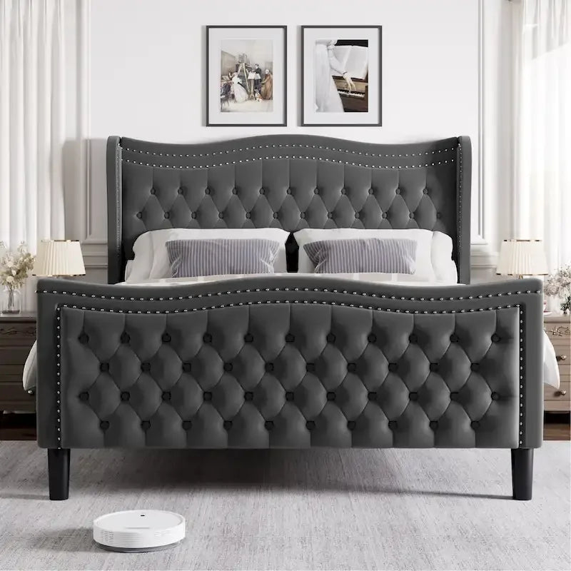 King Size Modern Style Velvet Platform Bed with Upholstered Headboard for Bedroom