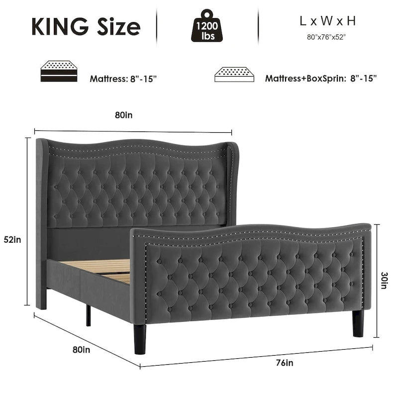 King Size Modern Style Velvet Platform Bed with Upholstered Headboard for Bedroom