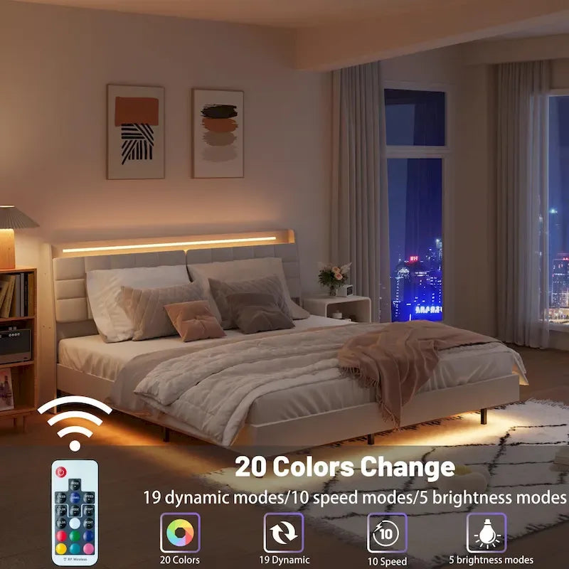 King Size Floating Upholstered Platform Bed with Hidden Storage