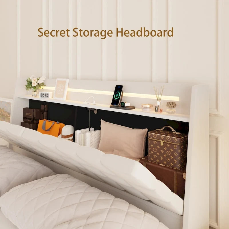 King Size Floating Upholstered Platform Bed with Hidden Storage
