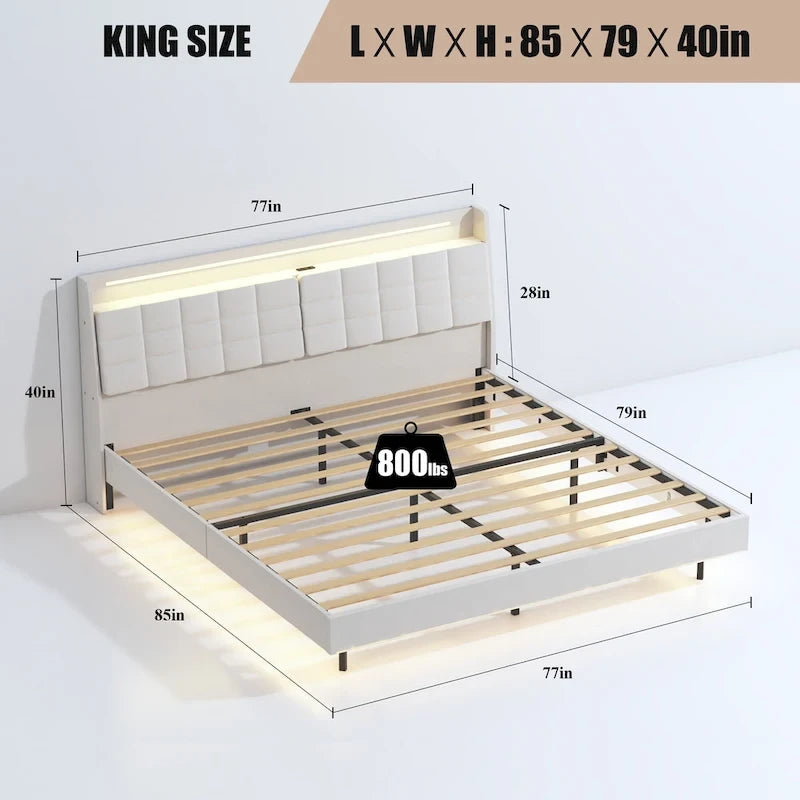 King Size Floating Upholstered Platform Bed with Hidden Storage