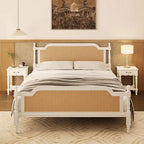 Traditional Style Platform Bed with Rattan Headboard and Footboard for Bedroom