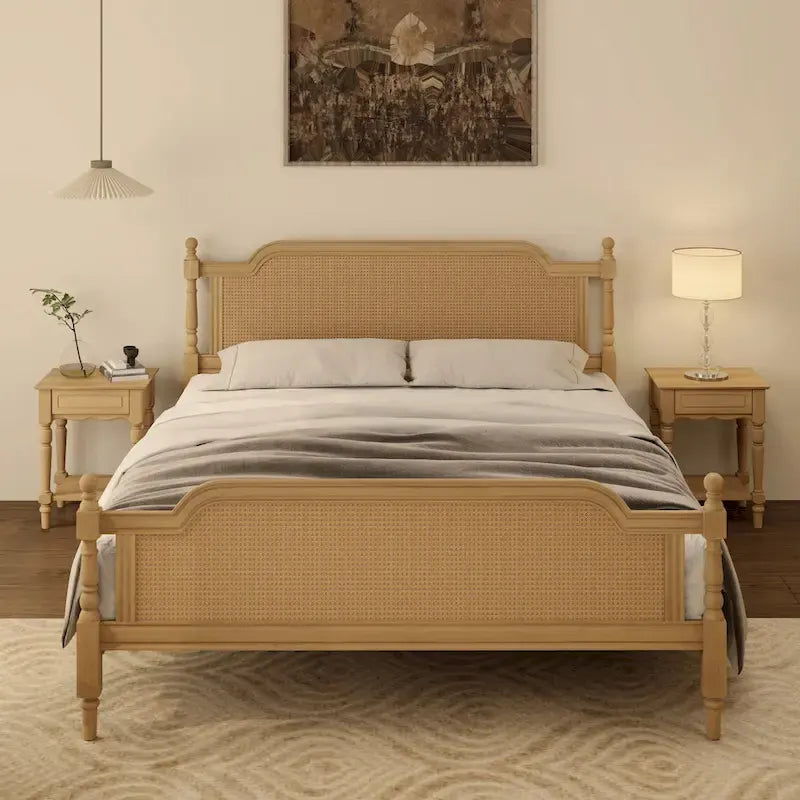 Traditional Style Platform Bed with Rattan Headboard and Footboard for Bedroom