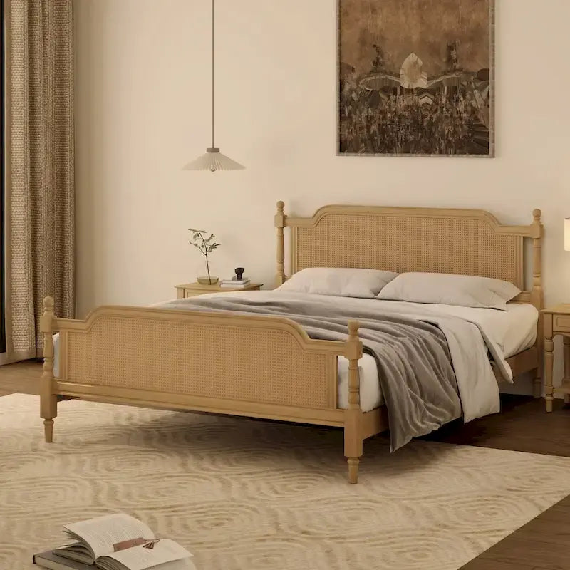 Traditional Style Platform Bed with Rattan Headboard and Footboard for Bedroom