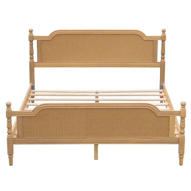Traditional Style Platform Bed with Rattan Headboard and Footboard for Bedroom