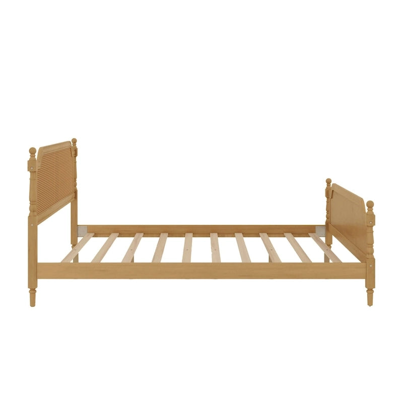 Traditional Style Platform Bed with Rattan Headboard and Footboard for Bedroom