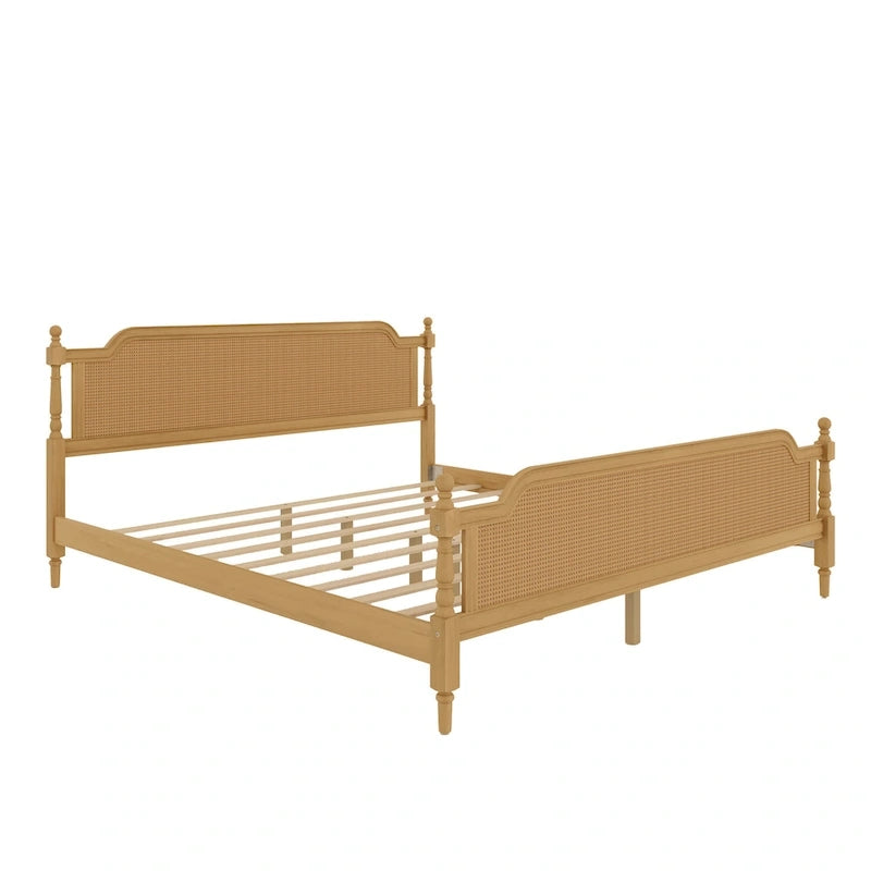 Traditional Style Platform Bed with Rattan Headboard and Footboard for Bedroom