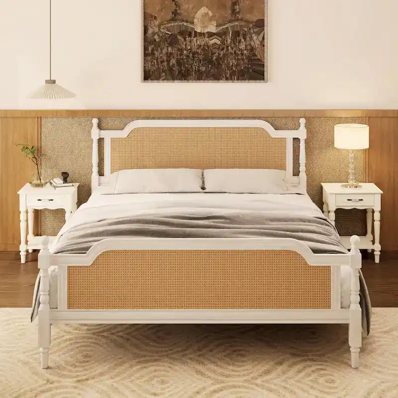 Traditional Style Platform Bed with Rattan Headboard and Footboard for Bedroom