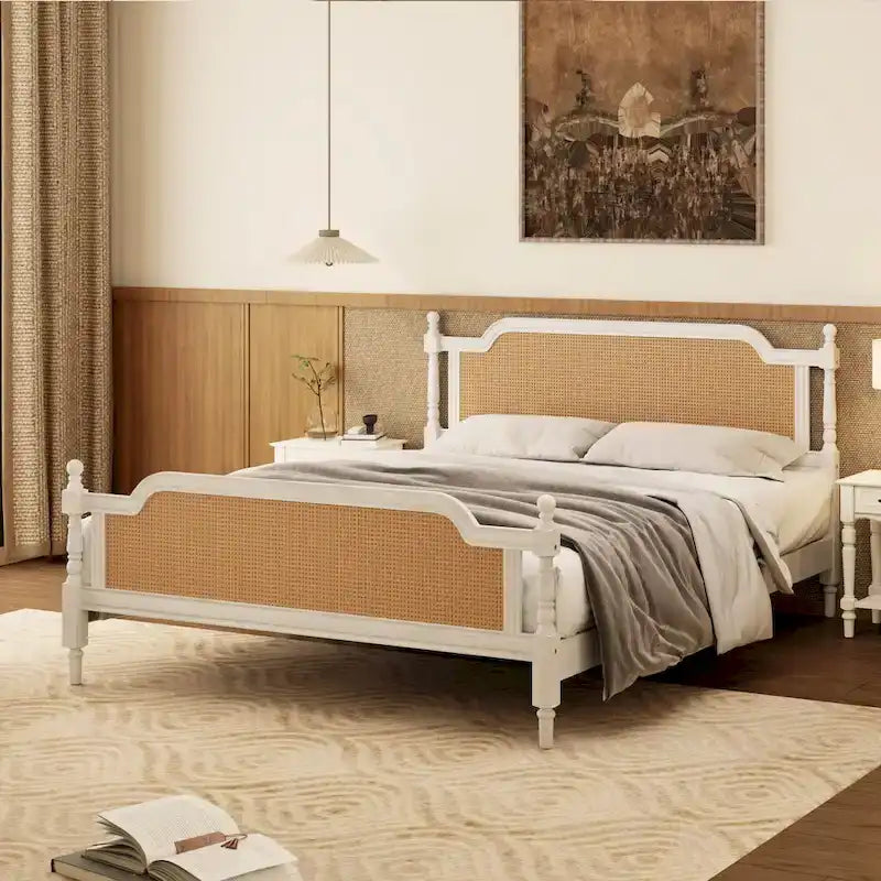 Traditional Style Platform Bed with Rattan Headboard and Footboard for Bedroom