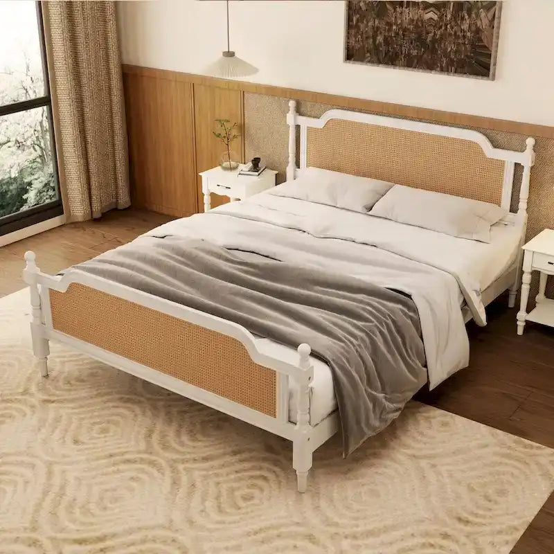 Traditional Style Platform Bed with Rattan Headboard and Footboard for Bedroom