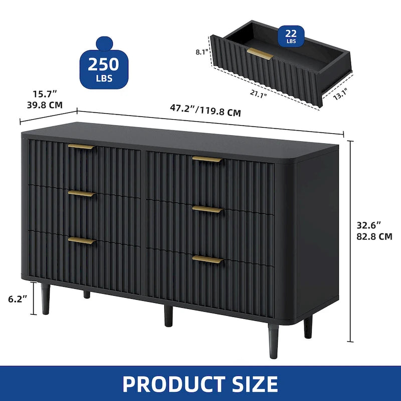 Moasis 6 Drawer Dresser Wood Storage Dresser Organizer with Waveform Fluted Panel