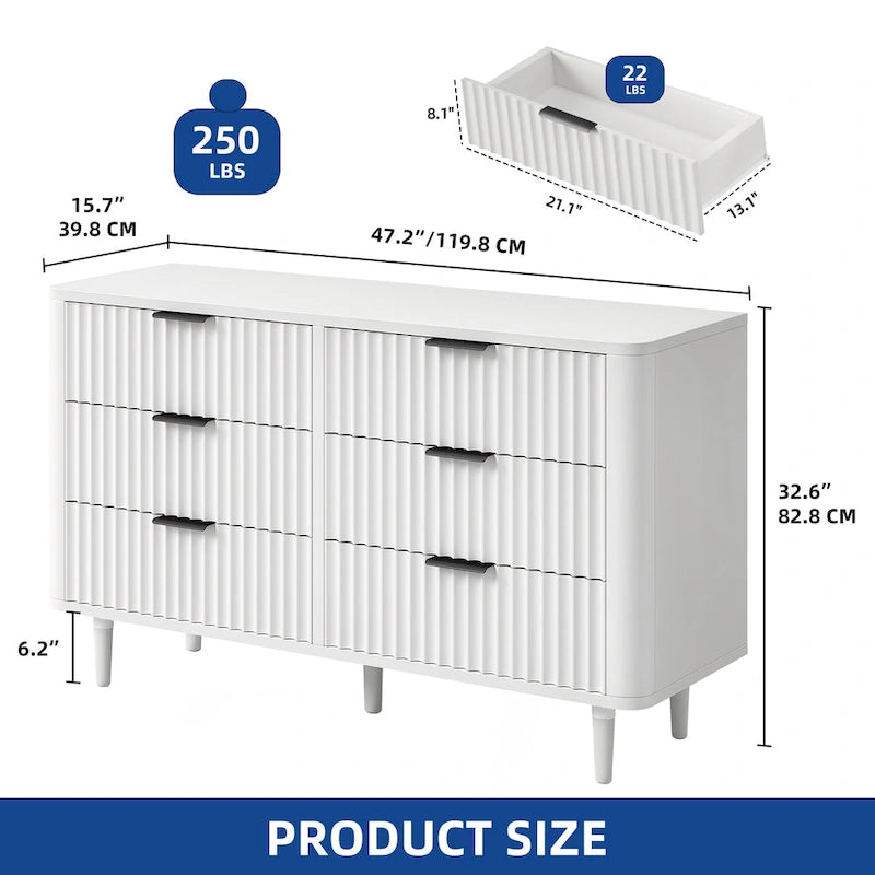 Moasis 6 Drawer Dresser Wood Storage Dresser Organizer with Waveform Fluted Panel