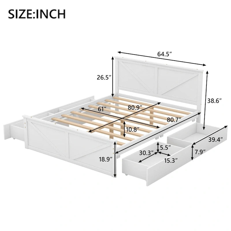 Antique White Queen Size Wooden Platform Bed with Four Storage Drawers