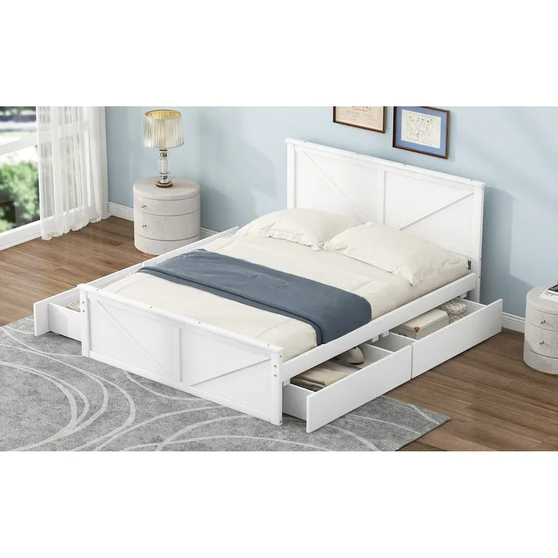 Antique White Queen Size Wooden Platform Bed with Four Storage Drawers