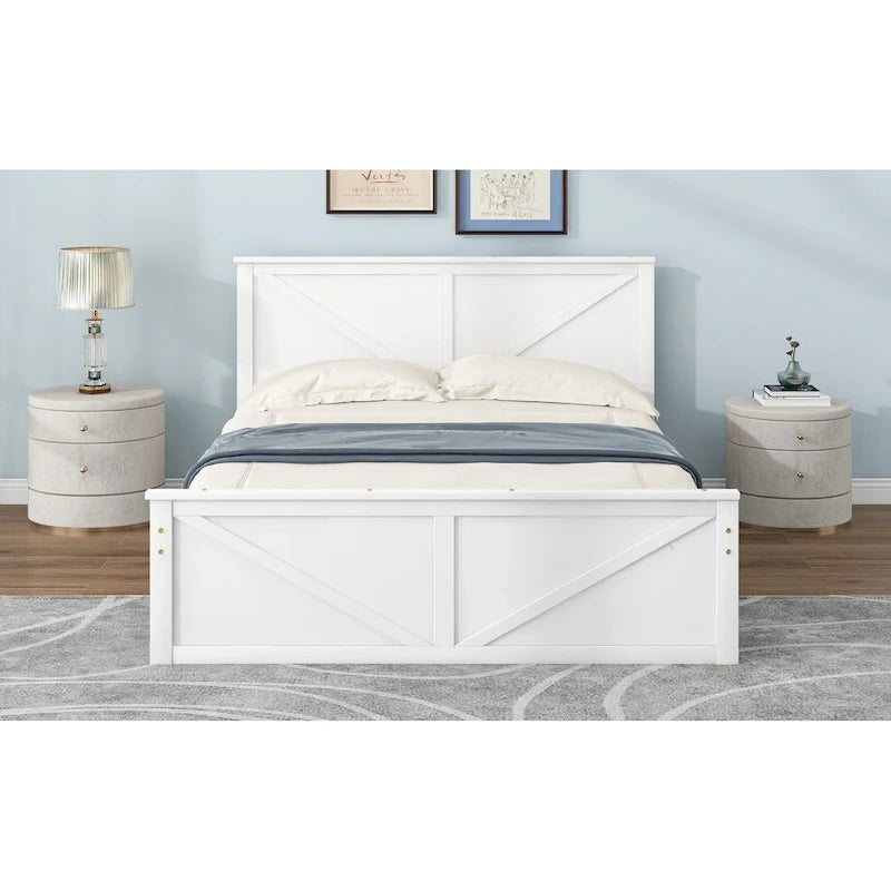 Antique White Queen Size Wooden Platform Bed with Four Storage Drawers