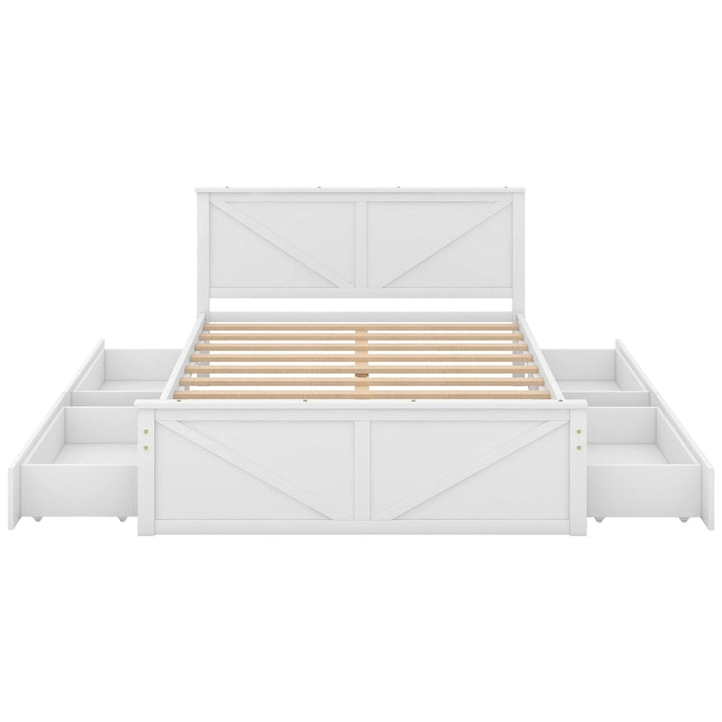 Antique White Queen Size Wooden Platform Bed with Four Storage Drawers