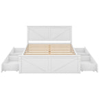 Antique White Queen Size Wooden Platform Bed with Four Storage Drawers