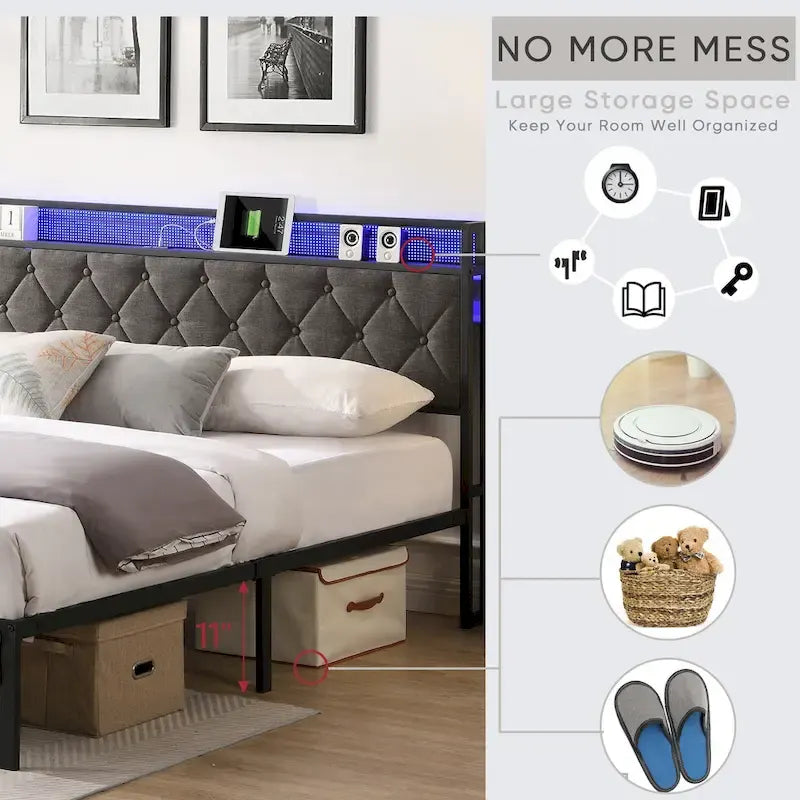 Grey Upholstered King Platform Bed with Storage Headboard, Charging Station, and LED Lights