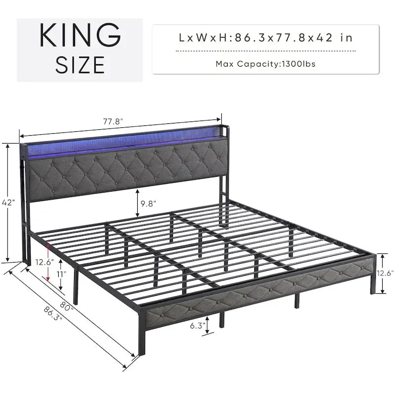 Grey Upholstered King Platform Bed with Storage Headboard, Charging Station, and LED Lights
