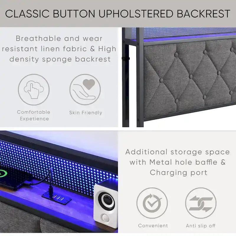Grey Upholstered King Platform Bed with Storage Headboard, Charging Station, and LED Lights